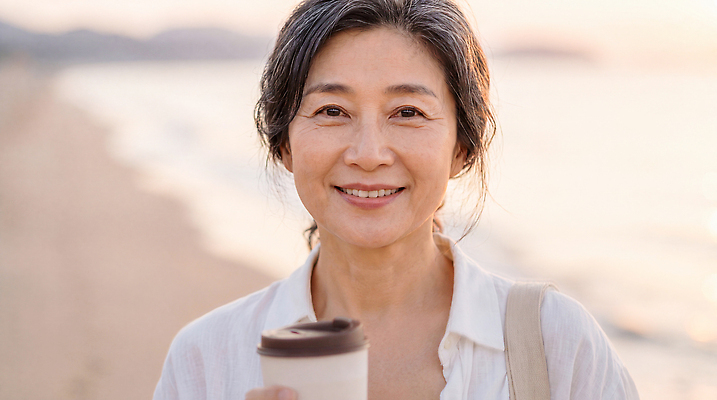 JPG 편집이미지 여자 여유 물결 커피 중년 자연 웃음 풍경 해변 고요 일몰 의료성형뷰티 편집실사 AI인물포토 AI콘텐츠 감정 음료 바다 표정 사람 성인 노을 CG 생태계 파일형식 AI포토 자연요소