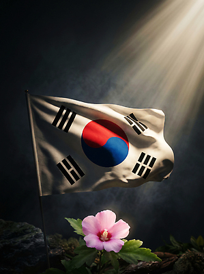 JPG 편집이미지 전통 문화 상징 자연 조명 한국 빛 어둠 국기 태극기 무궁화 편집실사 AI포토 AI콘텐츠 꽃 아시아 CG 생태계 파일형식 식물 나라