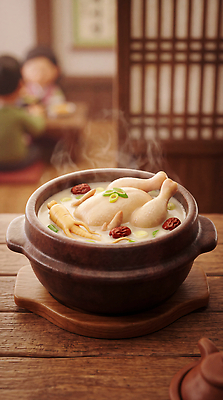 JPG 편집이미지 음식 식당 닭 맛 대추 보양식 삼계탕 이미지편집 AI컴퓨터그래픽 AI콘텐츠 컨셉 조류 상점 몸보신 파일형식 동물 보신