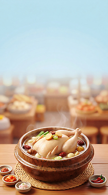 JPG 편집이미지 한식 음식 재료 탁자 요리 식사 닭고기 맛 수증기 국물 삼계탕 끓이기 이미지편집 AI컴퓨터그래픽 AI콘텐츠 가구 컨셉 모션 육류 보양식 파일형식 생활용품 식재료 몸보신 오브젝트 보신