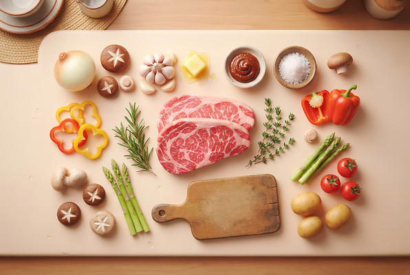 JPG 편집이미지 토마토 채소 재료 양파 감자 육류 스테이크 요리 식사 버섯 양념 소스 허브 준비 조리대 이미지편집 AI컴퓨터그래픽 AI콘텐츠 식물 식재료 서양음식 파일형식 음식