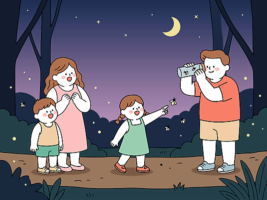 별 길 어린이 일러스트 가족 자연 밤하늘 웃음 여름 소풍 달 관찰 숲 신비 즐거움 외출 국내일러스트 AI파일 자연요소 계절 감정 컨셉 관계 모션 하늘 표정 사람 야외활동 밤 야간 생태계 파일형식 벡터