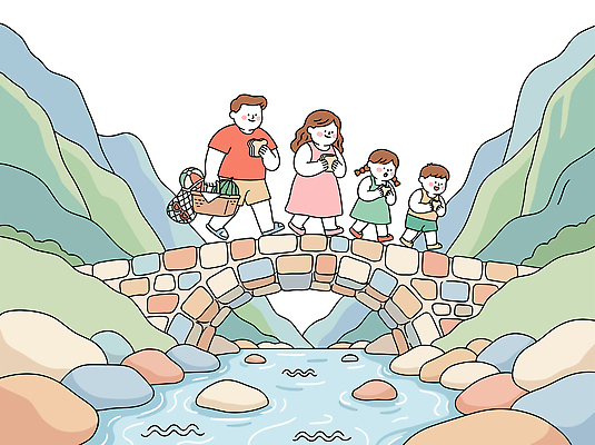 음료 여행 일러스트 가족 자연 산 풍경 여름 강 소풍 바구니 걷기 다리 즐거움 외출 국내일러스트 AI파일 계절 감정 관계 모션 야외활동 생태계 파일형식 벡터