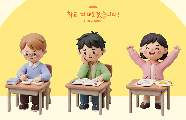 PSD 편집이미지 학생 교육 학교 수업 친구 학습 기쁨 책상 즐거움 고민 열정 편집3D 감정 가구 관계 3D 파일형식 생활용품 디지털합성 오브젝트