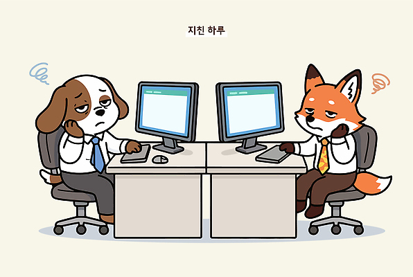 동물 일러스트 직장 피곤 친구 컴퓨터 사무실 스크린 작업 개 동료 여우 일과 사무용가구 불만 국내일러스트 AI파일 감정 가구 컨셉 회사 비즈니스 포유류 관계 전자제품 파일형식 벡터 생활용품 오브젝트