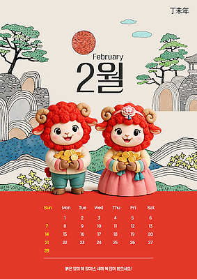 PSD 나무 템플릿 캐릭터 전통 꽃다발 달력 양 한복 금화 2월 이미지템플릿 정미년 붉은양 식물 한국전통 꽃 포유류 날짜 황금 전통의상 파일형식 2027년 동물 한국 연도 아시아 나라