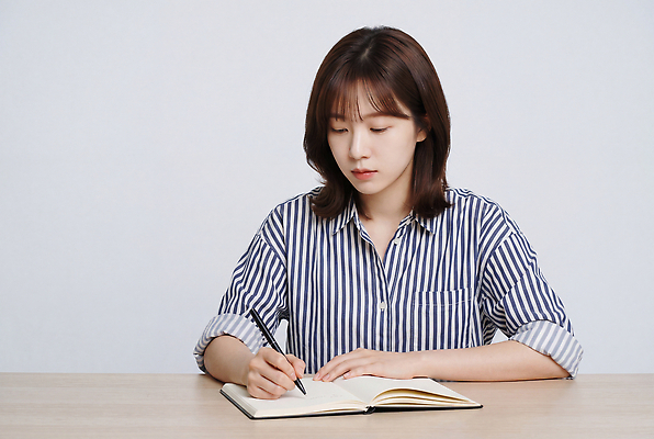JPG 편집이미지 여자 생각 펜 공간 기록 작업 쓰는 일기 집중 책상 창의성 의료성형뷰티 편집실사 AI인물포토 AI콘텐츠 가구 컨셉 사람 필기구 CG 파일형식 AI포토 생활용품 문구용품 오브젝트