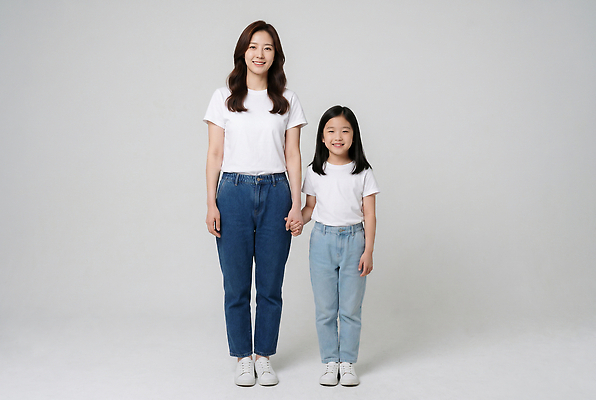 JPG 편집이미지 옷 딸 가족 관계 엄마 표정 서기 손잡기 의료성형뷰티 편집실사 AI인물포토 AI콘텐츠 모션 CG 파일형식 AI포토