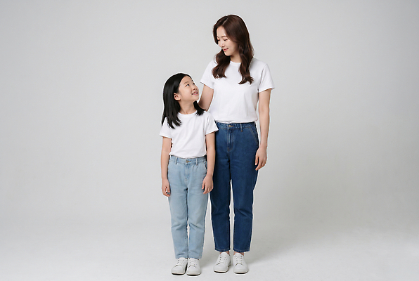 JPG 편집이미지 응시 여자 딸 행복 어린이 티셔츠 가족 관계 엄마 서기 웃음 분위기 나란히 의료성형뷰티 편집실사 AI인물포토 AI콘텐츠 시선 감정 컨셉 셔츠 모션 표정 사람 CG 파일형식 AI포토 상의 옷
