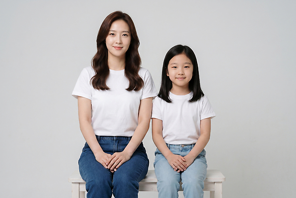 JPG 편집이미지 딸 가족 엄마 표정 미소 앉기 나란히 의료성형뷰티 편집실사 AI인물포토 AI콘텐츠 관계 모션 CG 파일형식 AI포토