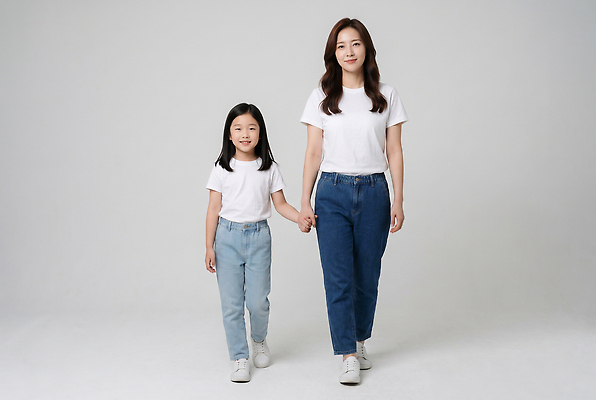JPG 편집이미지 손 딸 행복 어린이 티셔츠 가족 관계 엄마 웃음 일상 걷기 흰색 청바지 의료성형뷰티 편집실사 AI인물포토 AI콘텐츠 감정 컬러 셔츠 바지 모션 표정 사람 라이프 신체부위 CG 파일형식 AI포토 상의 하의 생활 옷