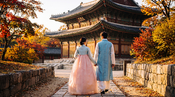 JPG 편집이미지 전통 옷 문화 단풍 관계 사람 풍경 걷기 손잡기 산책 궁전 가을 기다림 역사 의료성형뷰티 편집실사 AI인물포토 AI콘텐츠 계절 고건축 잎 모션 휴식 CG 파일형식 AI포토 식물 건축물 컨셉 건축