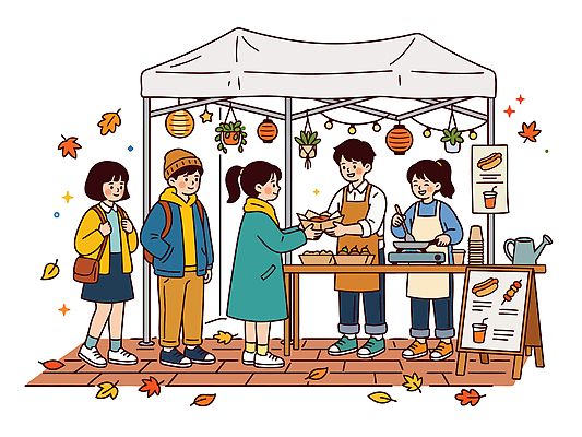 커피 음료 줄 음식 일러스트 따뜻함 대화 여러명 판매 상점 축제 가을 도심 고객 즐거움 주문 핫도그 노점 주인 국내일러스트 AI파일 계절 감정 다수 패스트푸드 말하기 사람 도시 파일형식 벡터 모션 인스턴트