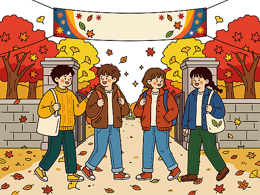 나무 운동화 잎 가방 일러스트 학교 바람 날씨 거리 풍경 빨간색 친구 노란색 걷기 가을 기둥 즐거움 입학 교문 국내일러스트 AI파일 자연요소 식물 잡화 계절 교육 건축 감정 컬러 신발 관계 모션 파일형식 벡터