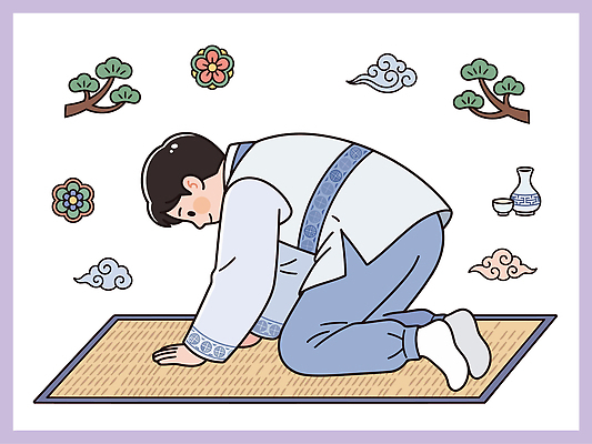 나무 전통 남자 꽃 문화 일러스트 바닥 한국 가을 예절 인사 절 의식 전통의상 성묘 국내일러스트 AI파일 식물 계절 아시아 사람 파일형식 벡터 나라
