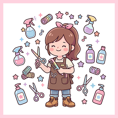 캐릭터 헤어스타일 일러스트 가위 미소 소녀 도구 머리빗 작업 미용실 미용사 청소도구 향수 헤어용품 꾸미기 국내일러스트 AI파일 직업 여자 어린이 문구용품 표정 화장품 미용용품 뷰티샵 청소 파일형식 벡터 사람 뷰티 상점 오브젝트