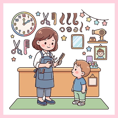 헤어스타일 어린이 일러스트 가위 대화 머리 공간 거울 도구 머리빗 미용실 미용사 자르기 소통 스타일 국내일러스트 AI파일 직업 컨셉 모션 문구용품 말하기 사람 신체부위 미용용품 뷰티샵 파일형식 벡터 상점 오브젝트