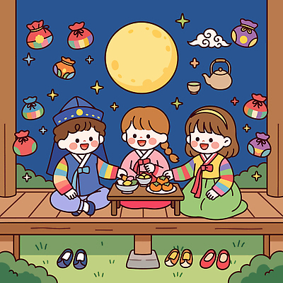 전통 문화 음식 일러스트 가족 밤하늘 이벤트 친구 추석 축제 모임 보름달 전통의상 한복 즐거움 나눔 다과 국내일러스트 AI파일 한국전통 명절 감정 관계 하늘 디저트 달 밤 야간 파일형식 벡터 자연요소 기념일 한국 아시아 나라