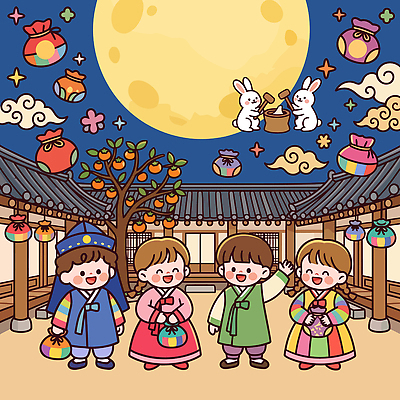 전통 명절 행복 문화 일러스트 가족 놀이 한국 대화 웃음 풍경 장식 추석 달 분위기 밤 한복 국내일러스트 AI파일 자연요소 한국전통 기념일 감정 아시아 컨셉 관계 표정 말하기 전통의상 파일형식 벡터 나라 모션 이벤트