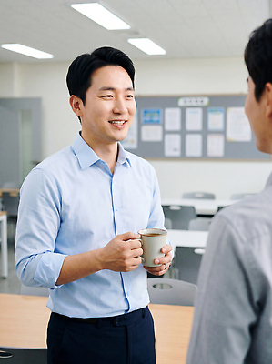 JPG 편집이미지 남자 직장 함께함 대화 미소 웃음 일상 사무실 교사 의료성형뷰티 편집실사 AI인물포토 AI콘텐츠 직업 컨셉 회사 비즈니스 표정 말하기 사람 라이프 CG 파일형식 AI포토 모션 생활