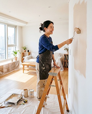 JPG 편집이미지 손 여자 벽 사다리 바닥 주택 실내 웃음 페인트 방 장비 도구 작업 색칠 DIY 의료성형뷰티 셀프인테리어 편집실사 AI인물포토 AI콘텐츠 표정 사람 취미 내부 건물 신체부위 인테리어 CG 파일형식 AI포토 건축물 디자인 건축
