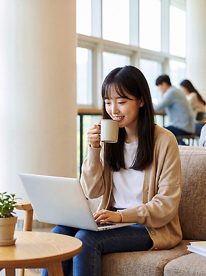 JPG 편집이미지 여자 커피 노트북 학습 소파 캠퍼스라이프 카페 작업 여대생 의료성형뷰티 편집실사 AI인물포토 AI콘텐츠 라이프스타일 교육 음료 대학생 의자 사람 전자제품 상점 CG 파일형식 AI포토 학생 가구 생활 생활용품 오브젝트