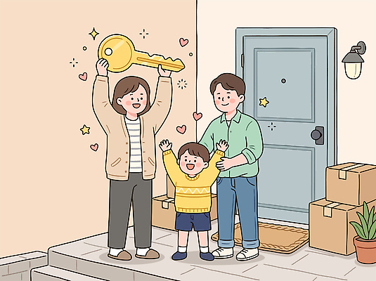 행복 어린이 일러스트 가족 열쇠 협력 주택 사랑 웃음 상자 부모 기쁨 이사 환영 집앞 국내일러스트 AI파일 감정 관계 표정 사람 건물 파일형식 벡터 건축물 건축