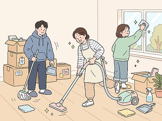 일러스트 가정 협력 집안 바닥 사람 상자 도구 작업 도움 이사 청소 먼지 정리 청소기 닦기 정리정돈 국내일러스트 AI파일 컨셉 모션 실내 전자제품 청소도구 파일형식 벡터 내부