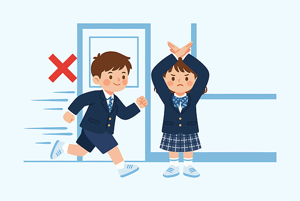 학생 교복 일러스트 장난 학교 청소년 놀이 협력 웃음 친구 달리기 복도 개구쟁이 즐거움 안전수칙 규칙 국내일러스트 AI파일 옷 교육 감정 관계 모션 표정 안전 사람 파일형식 벡터