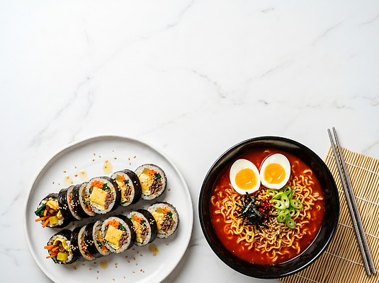 JPG 편집이미지 접시 한식 채소 요리 계란 식사 라면 맛 분식 김밥 파 편집실사 AI포토 AI콘텐츠 식기 음식 컨셉 알 면류 CG 파일형식