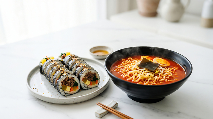 JPG 편집이미지 한식 식탁 요리 라면 맛 분식 김밥 국물 점심 편집실사 AI포토 AI콘텐츠 음식 컨셉 탁자 면류 CG 파일형식 가구 생활용품 오브젝트