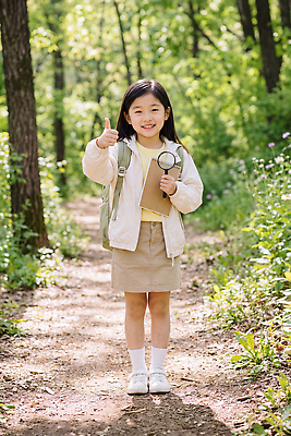 JPG 나무 편집이미지 길 어린이 신발 반바지 배낭 자연 웃음 소녀 탐험 숲 따봉 의료성형뷰티 편집실사 AI인물포토 AI콘텐츠 식물 여자 가방 바지 표정 사람 엄지손가락 최고 CG 생태계 파일형식 AI포토 잡화 손가락 하의 손 옷 신체부위