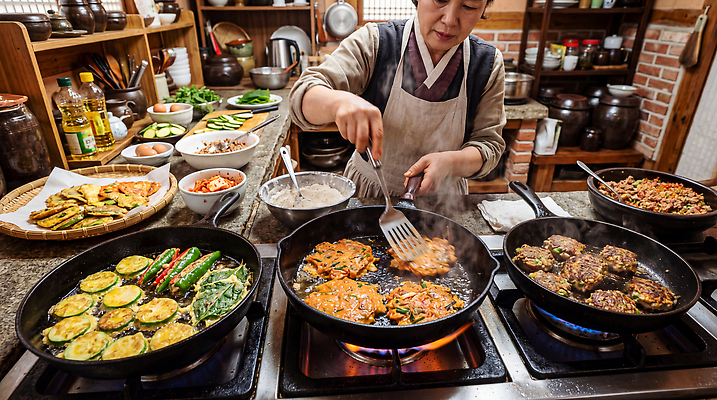 JPG 편집이미지 전통 여자 한식 음식 채소 재료 주방용품 요리 주방 식사 팬 기름 전 김치전 모듬전 의료성형뷰티 애호박전 깻잎전 편집실사 AI인물포토 AI콘텐츠 생활용품 사람 CG 호박전 파일형식 AI포토 오브젝트