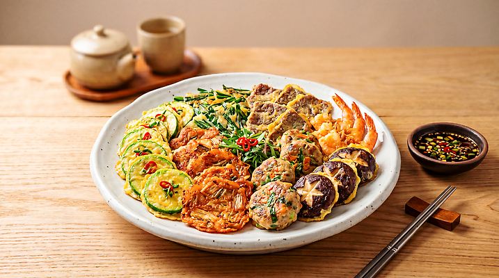 JPG 편집이미지 전통 접시 음식 채소 재료 한국 육류 요리 식사 소스 맛 동그랑땡 전 해산물 김치전 모듬전 버섯전 육전 애호박전 새우전 편집실사 AI포토 AI콘텐츠 식기 아시아 컨셉 식재료 양념 CG 호박전 파일형식 나라