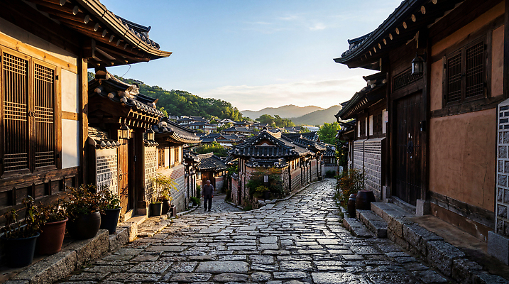 JPG 편집이미지 전통 문화 길 자연 지붕 산 한옥 사람 풍경 햇빛 마을 일몰 한옥마을 돌길 편집실사 AI포토 AI콘텐츠 한국전통 고건축 빛 노을 CG 생태계 파일형식 자연요소 건축물 한국 건축 아시아 나라