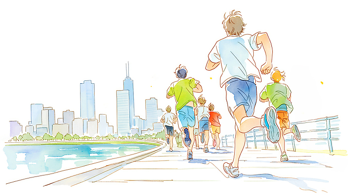 JPG 도로 스포츠 포즈 일러스트 청소년 레저 날씨 건강 풍경 여러명 여름 달리기 운동 햇빛 고층빌딩 힘 자유 도시 강가 국내일러스트 AI일러스트 AI콘텐츠 계절 길 다수 컨셉 교통시설 모션 사람 빌딩 빛 강 파일형식 교통 건물 시설 건축물 건축