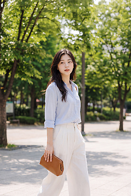 JPG 나무 편집이미지 옷 공원 여자 셔츠 바지 하늘 사람 풍경 여름 햇빛 걷기 산책 핸드백 의료성형뷰티 이미지편집 AI인물포토 AI콘텐츠 식물 계절 공공시설 상의 가방 모션 하의 휴식 빛 파일형식 AI포토 잡화 컨셉 시설
