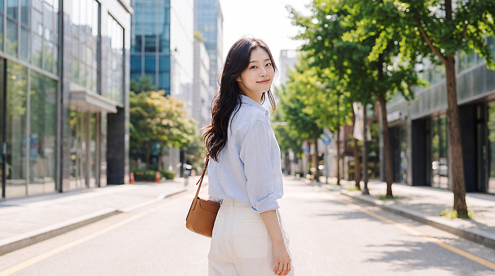 JPG 나무 편집이미지 여자 길 거리 사람 건물 햇빛 걷기 도시 도심 의료성형뷰티 스타일 이미지편집 AI인물포토 AI콘텐츠 식물 건축물 모션 빛 파일형식 AI포토 건축