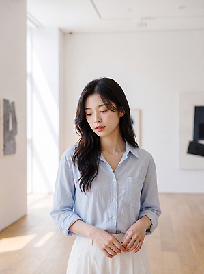 JPG 편집이미지 여자 예술 하늘색 셔츠 조명 밝음 일상 앞모습 미술관 작품 관람 의료성형뷰티 이미지편집 AI인물포토 AI콘텐츠 뷰포인트 상의 미술 사람 라이프 파란색 파일형식 AI포토 옷 컬러 문화예술 생활