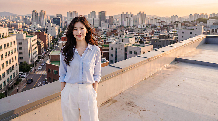 JPG 모델 편집이미지 옷 여자 아파트 웃음 풍경 건물 촬영 일몰 도시 저녁 의료성형뷰티 이미지편집 AI인물포토 AI콘텐츠 건축물 주택 표정 사람 노을 밤 야간 파일형식 AI포토 자연요소 건축