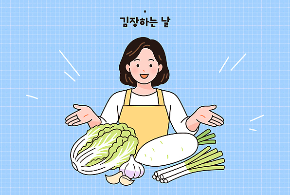전통 여자 한식 채소 일러스트 재료 가정 김치 마늘 요리 농작물 주방 요리사 무 배추 준비 김장 국내일러스트 AI파일 직업 음식 농업 뿌리채소 사람 파일형식 벡터 산업