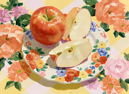 JPG 접시 백그라운드 꽃무늬 일러스트 자연 소풍 사과 그림 체크무늬 유화 정물화 국내일러스트 AI일러스트 AI콘텐츠 식기 꽃 무늬 과일 미술 야외활동 생태계 파일형식 식물 문화예술