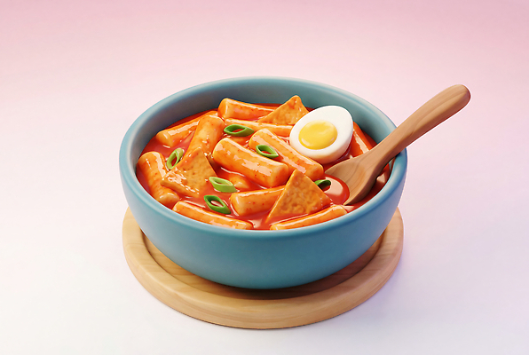 JPG 편집이미지 그릇 한식 음식 조각 재료 요리 떡볶이 매움 국물 파 삶은계란 나무숟가락 이미지편집 AI컴퓨터그래픽 AI콘텐츠 식기 채소 계란 숟가락 맛 계란요리 분식 파일형식 컨셉 수저 알