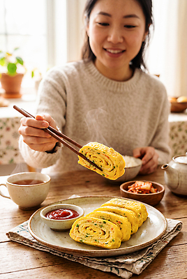 JPG 편집이미지 여자 한식 음식 젓가락 가정 김치 따뜻함 요리 점심 계란말이 의료성형뷰티 편집실사 AI인물포토 AI콘텐츠 수저 사람 계란요리 CG 파일형식 AI포토 식기 계란 알