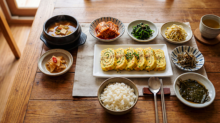 전통 한식 음식 채소 계란요리 찌개 CG 파일형식 AI콘텐츠 반찬 밥 김치 시금치 계란말이 된장찌개 식사 전통음식 준비 요리 편집실사 편집이미지 JPG AI포토