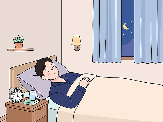 식물 남자 시계 일러스트 창문 탁자 휴식 조명 일상 물 방 달 침대 잠 커튼 수면 밤 편안함 생활습관 취침시간 국내일러스트 AI파일 자연요소 가구 컨셉 사람 라이프 감각 습관 파일형식 벡터 생활용품 생활 오브젝트