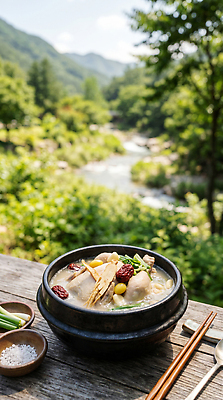 JPG 편집이미지 그릇 한식 음식 자연 탁자 산 건강 여름 계곡 식사 시골 백숙 편집실사 AI포토 AI콘텐츠 식기 계절 가구 CG 생태계 파일형식 생활용품 오브젝트