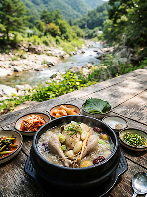 JPG 편집이미지 음식 자연 탁자 반찬 김치 산 한국 건강 요리 계곡 식사 뜨거움 백숙 편집실사 AI포토 AI콘텐츠 아시아 한식 가구 CG 생태계 파일형식 나라 생활용품 오브젝트