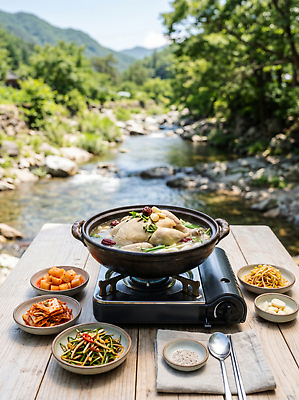 JPG 편집이미지 한식 음식 자연 탁자 반찬 산 요리 강 계곡 식사 전통음식 강가 백숙 편집실사 AI포토 AI콘텐츠 전통 가구 CG 생태계 파일형식 생활용품 오브젝트