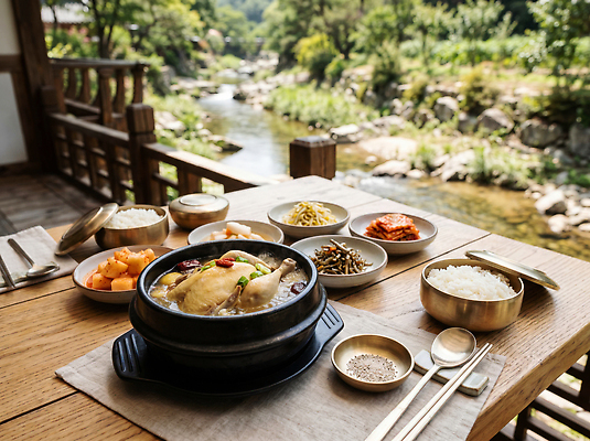 JPG 편집이미지 한식 음식 자연 식탁 반찬 김치 육류 요리 강 계곡 식사 대추 백숙 편집실사 AI포토 AI콘텐츠 식재료 탁자 CG 생태계 파일형식 가구 생활용품 오브젝트
